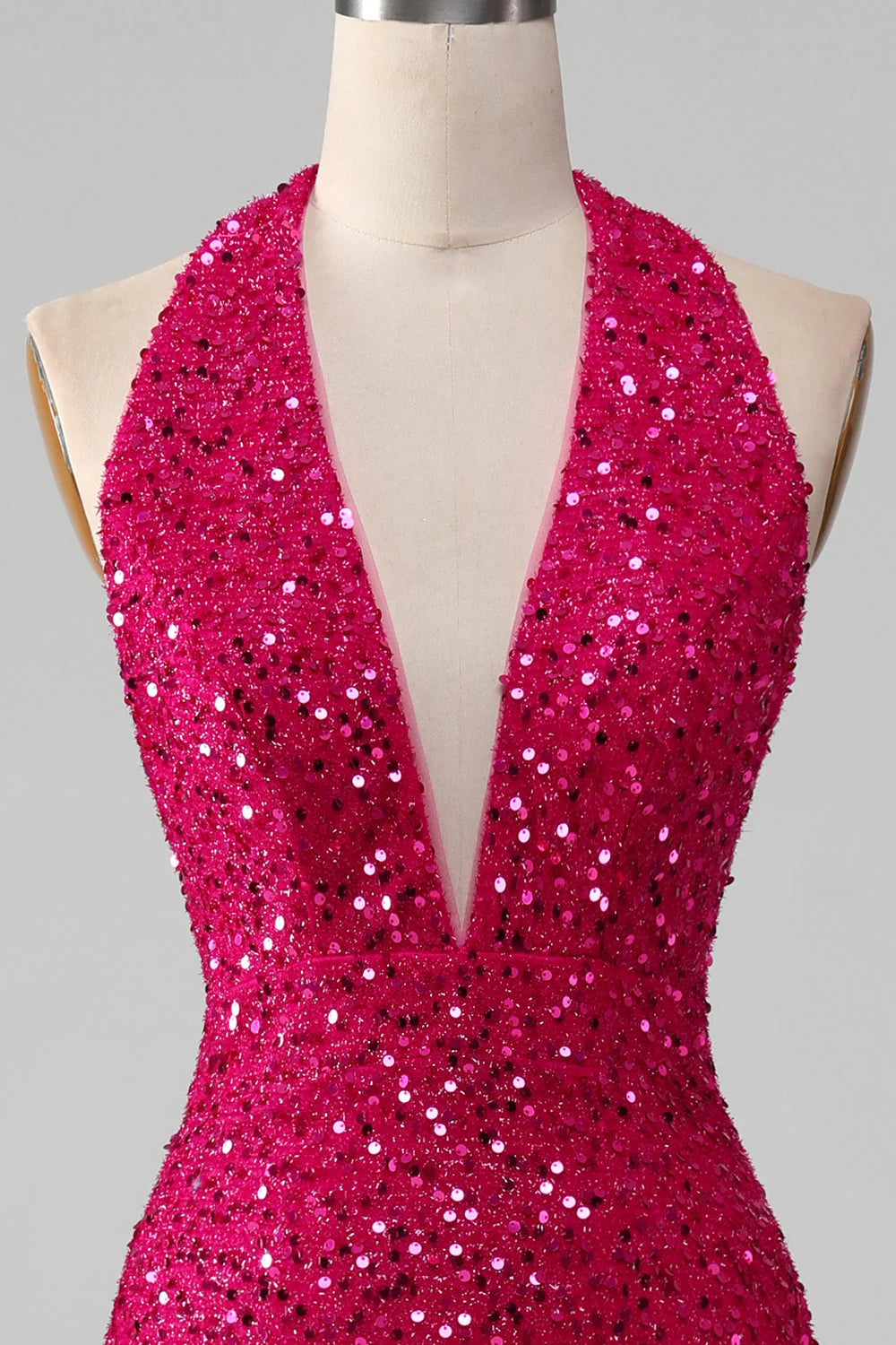 Amzcw Fuchsia Mermaid Halter Backless Sparkly Sequin Prom Dress With Slit prom dresses with long sleeves
