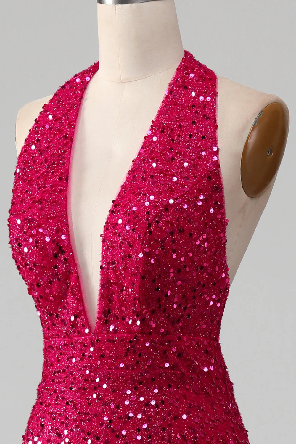 Amzcw Fuchsia Mermaid Halter Backless Sparkly Sequin Prom Dress With Slit prom dresses with long sleeves