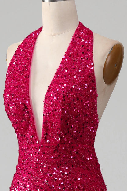 Amzcw Fuchsia Mermaid Halter Backless Sparkly Sequin Prom Dress With Slit prom dresses with long sleeves