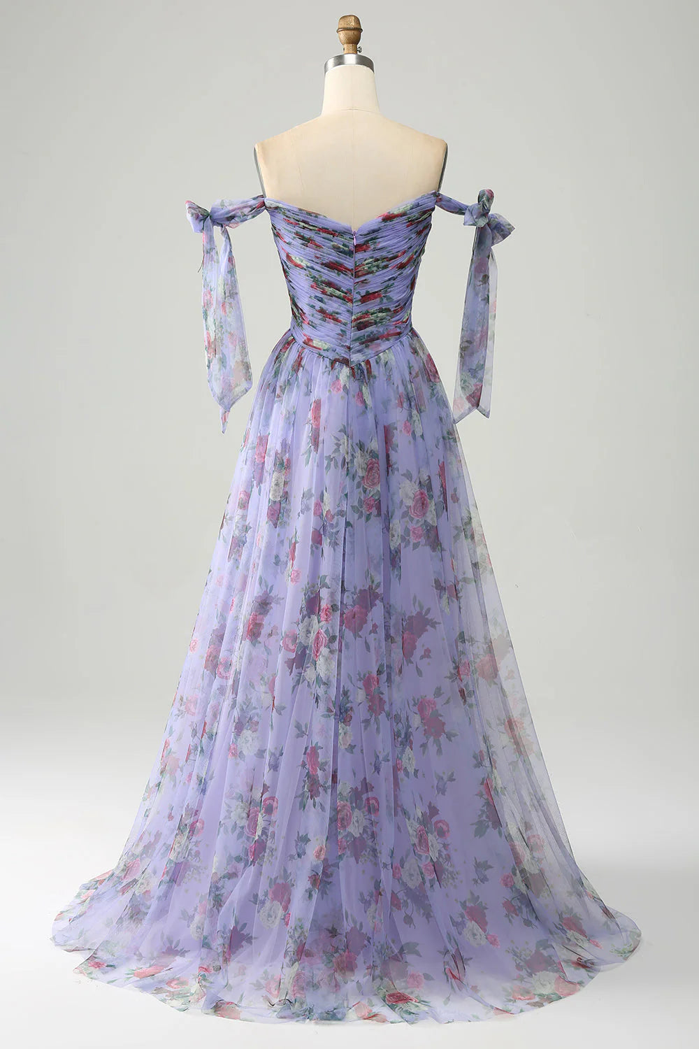 Amzcw Lavender A-Line Off The Shoulder Floral Print Pleated Tulle Prom Dress