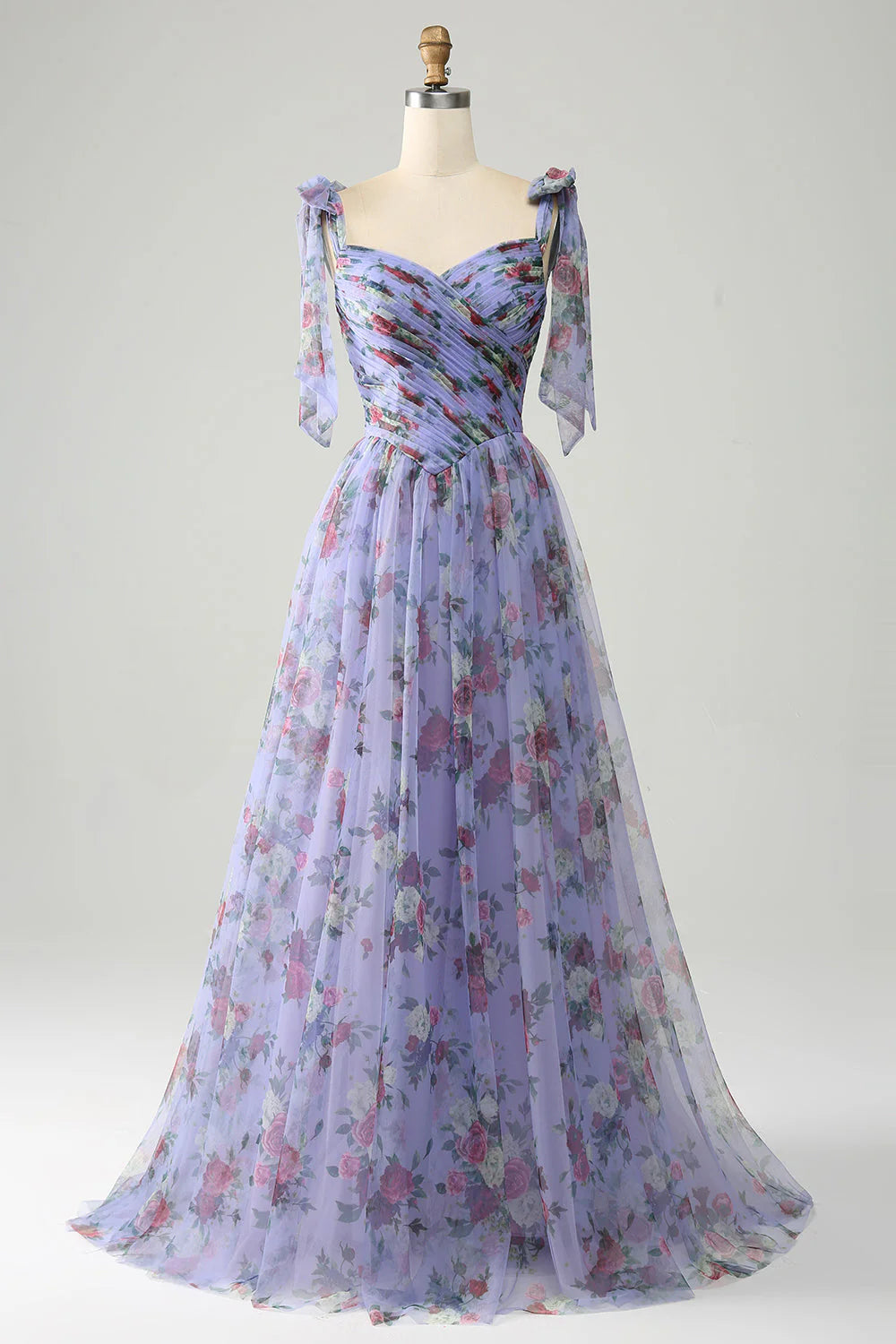 Amzcw Lavender A-Line Off The Shoulder Floral Print Pleated Tulle Prom Dress