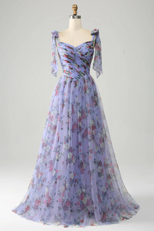 Amzcw Lavender A-Line Off The Shoulder Floral Print Pleated Tulle Prom Dress