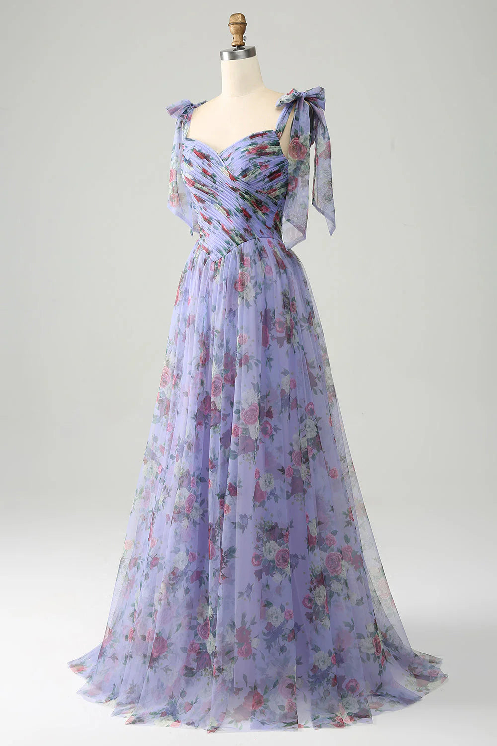 Amzcw Lavender A-Line Off The Shoulder Floral Print Pleated Tulle Prom Dress