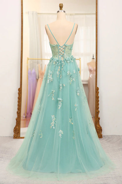 Amzcw Green A-Line Spaghetti Straps Long Sparkly Prom Dress With Appliques prom dresses shops