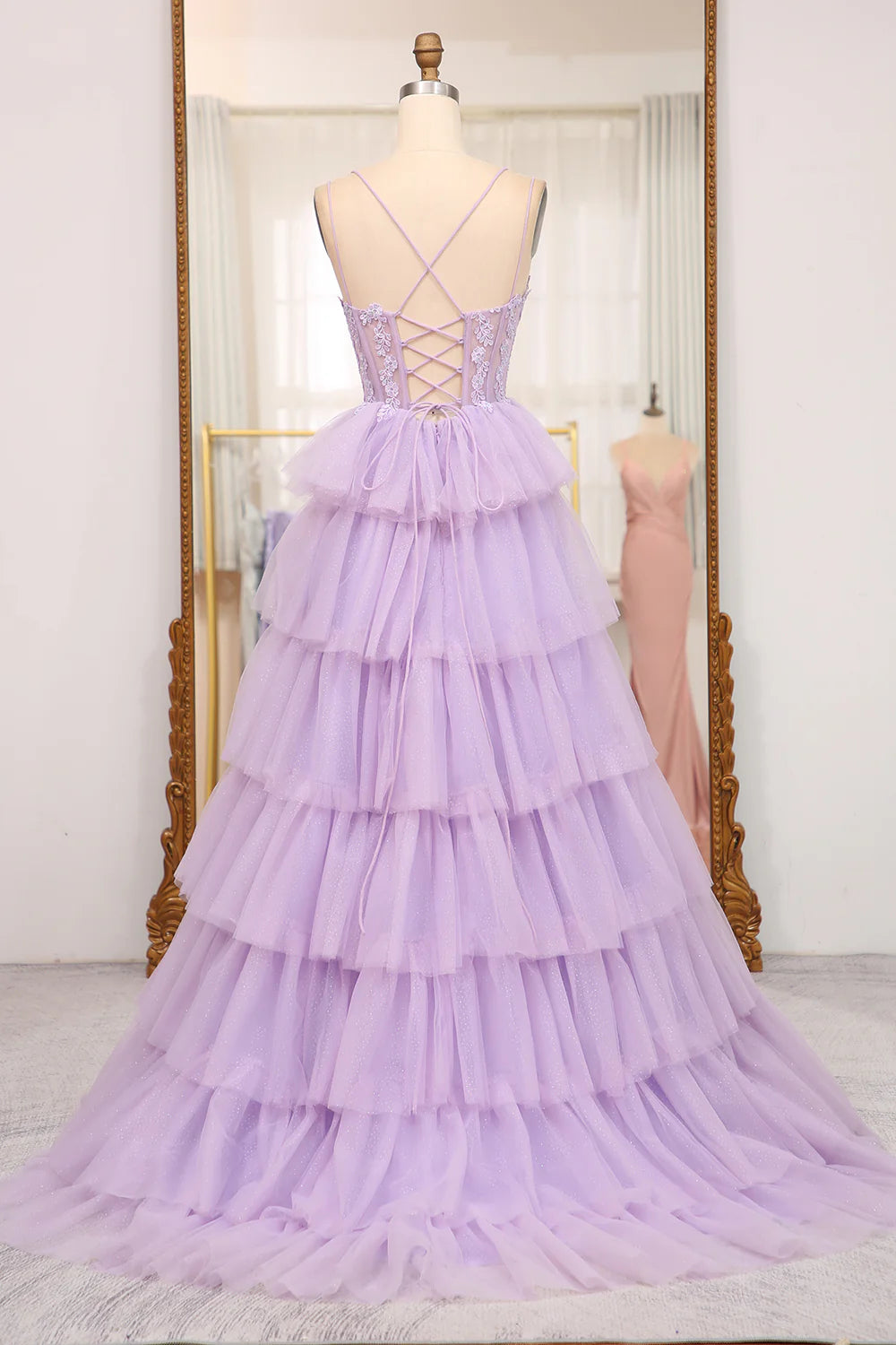 Amzcw Elegant Lilac A Line Tulle Tiered Long Corset Prom Dress With Appliques prom dresses with long sleeves