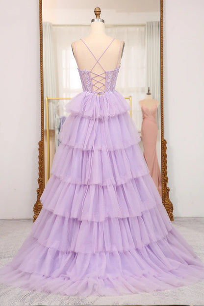 Amzcw Elegant Lilac A Line Tulle Tiered Long Corset Prom Dress With Appliques prom dresses with long sleeves