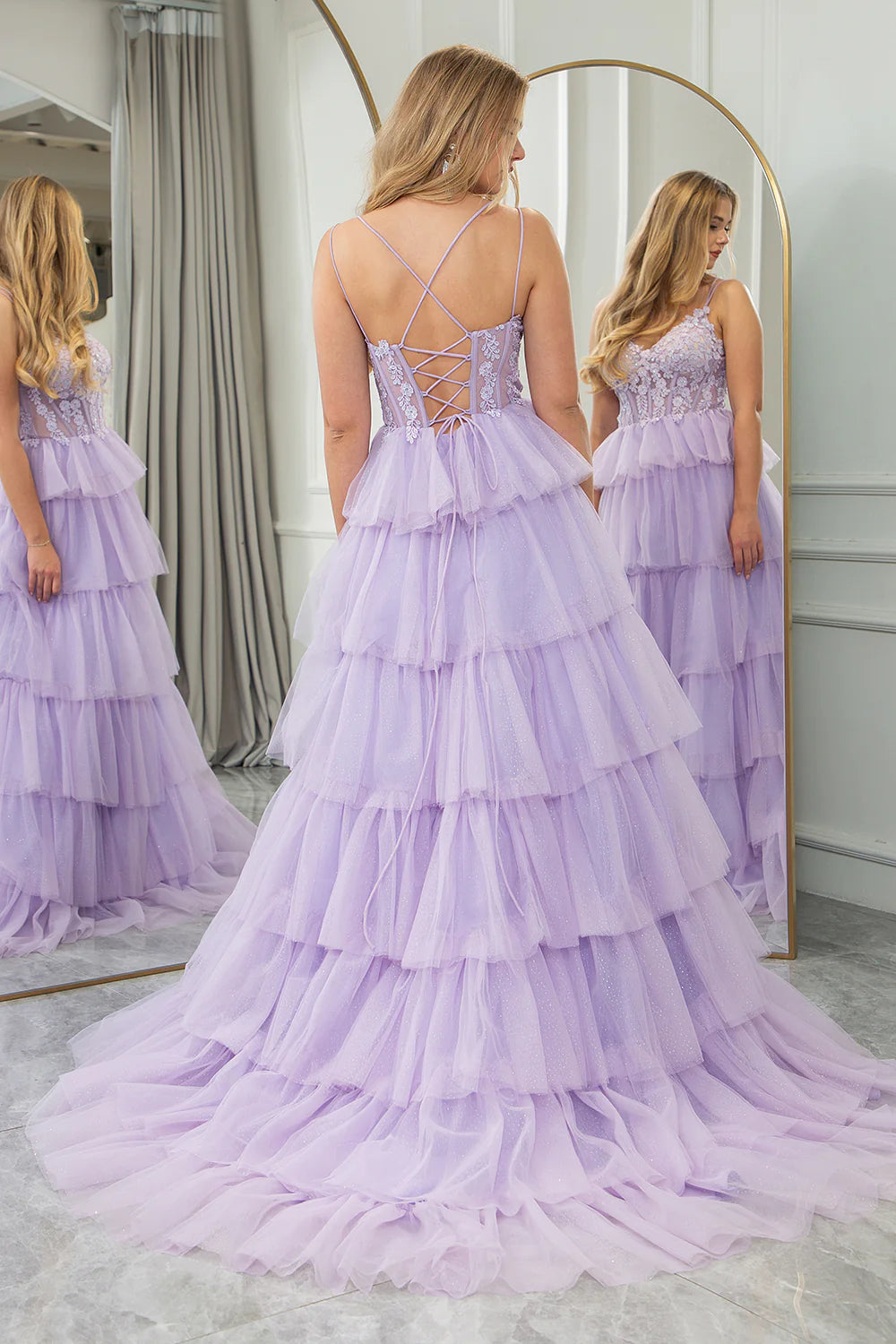 Amzcw Lilac Tulle A Line Corset Tiered Long Prom Dress With Appliques prom dresses with long sleeves