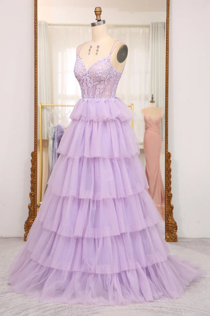 Amzcw Elegant Lilac A Line Tulle Tiered Long Corset Prom Dress With Appliques prom dresses with long sleeves