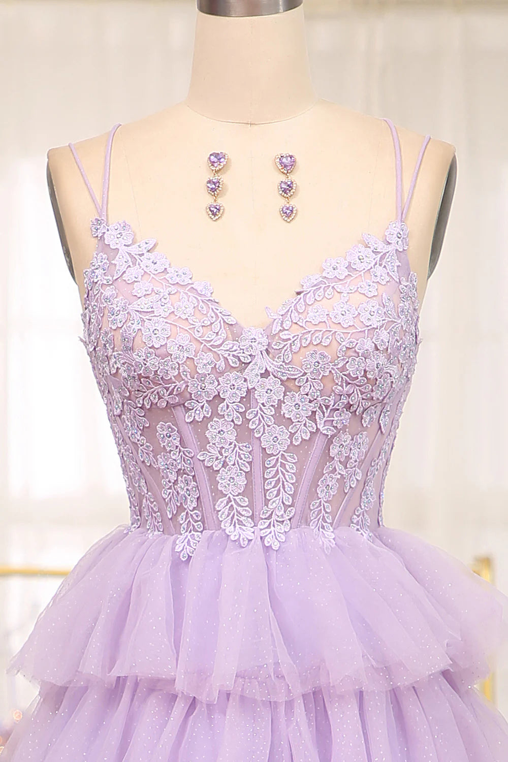 Amzcw Elegant Lilac A Line Tulle Tiered Long Corset Prom Dress With Appliques prom dresses with long sleeves