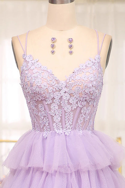 Amzcw Elegant Lilac A Line Tulle Tiered Long Corset Prom Dress With Appliques prom dresses with long sleeves