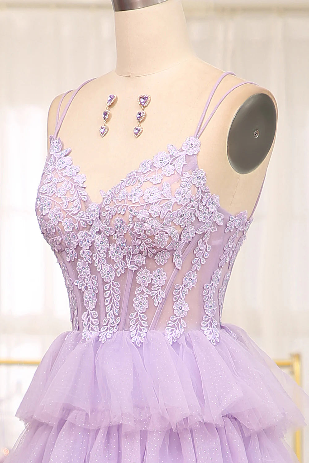 Amzcw Elegant Lilac A Line Tulle Tiered Long Corset Prom Dress With Appliques prom dresses with long sleeves