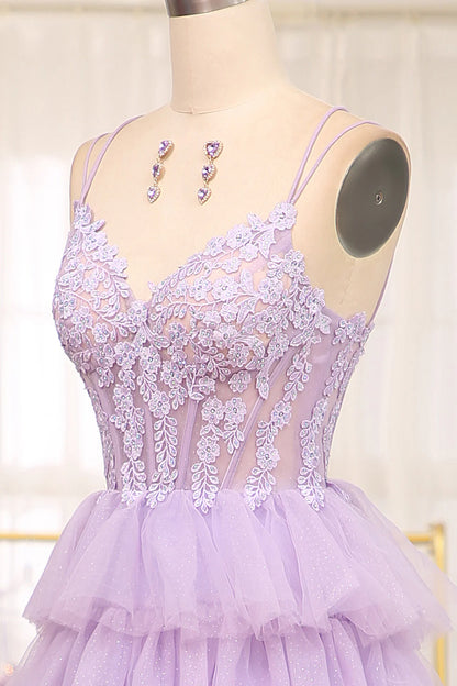 Amzcw Elegant Lilac A Line Tulle Tiered Long Corset Prom Dress With Appliques prom dresses with long sleeves