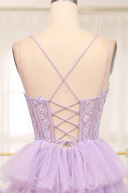 Amzcw Elegant Lilac A Line Tulle Tiered Long Corset Prom Dress With Appliques prom dresses with long sleeves