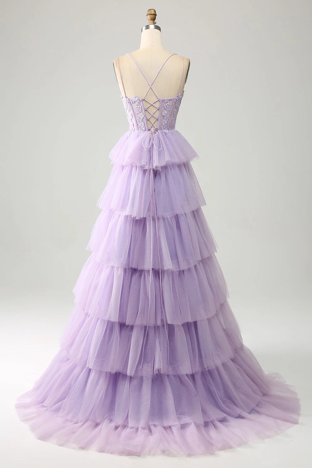 Amzcw Lilac Princess Spaghetti Straps Tiered Corset Tulle Prom Dress with Appliques prom dress store