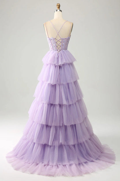 Amzcw Lilac Princess Spaghetti Straps Tiered Corset Tulle Prom Dress with Appliques prom dress store