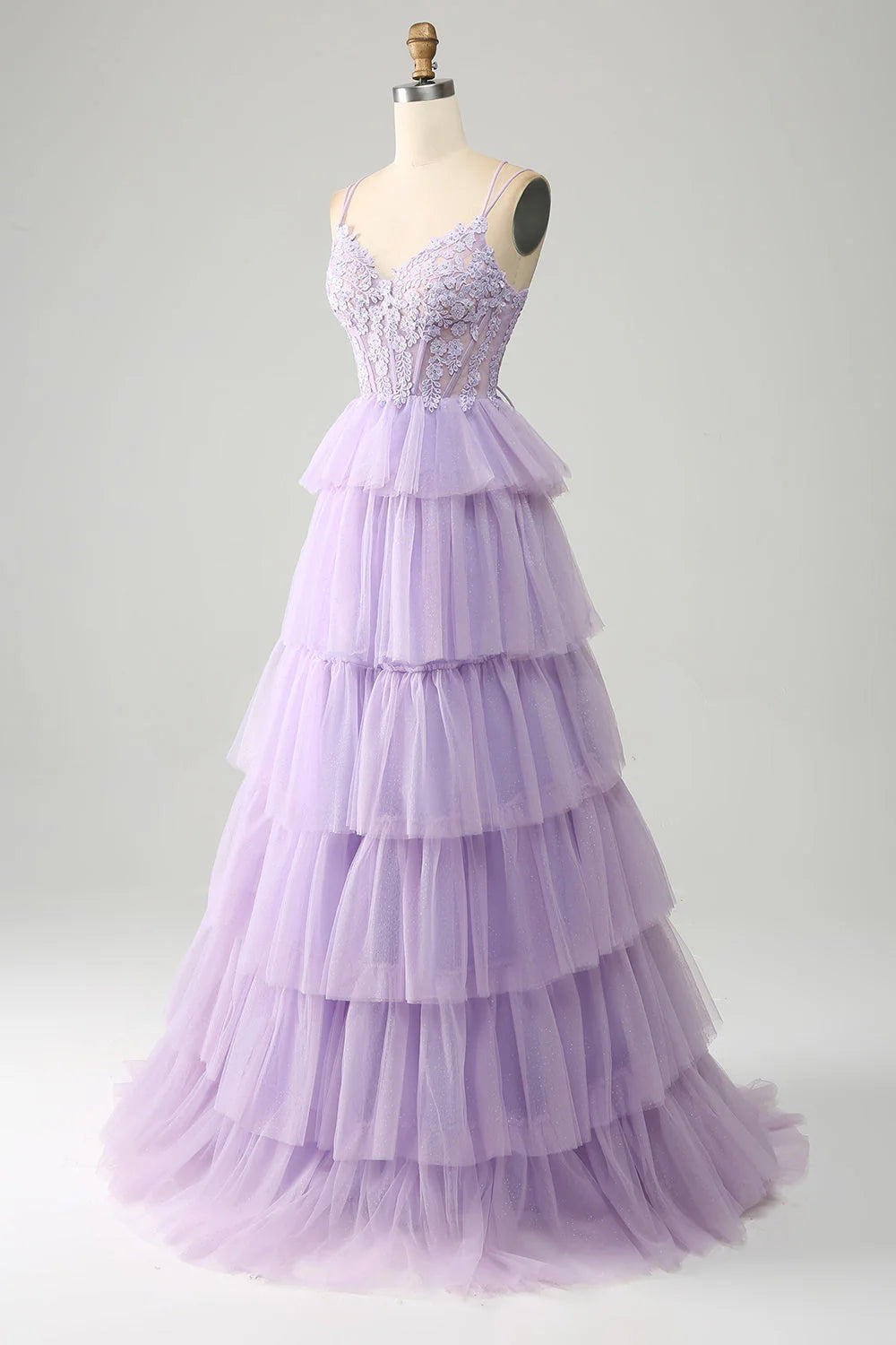 Amzcw Lilac Princess Spaghetti Straps Tiered Corset Tulle Prom Dress with Appliques prom dress store