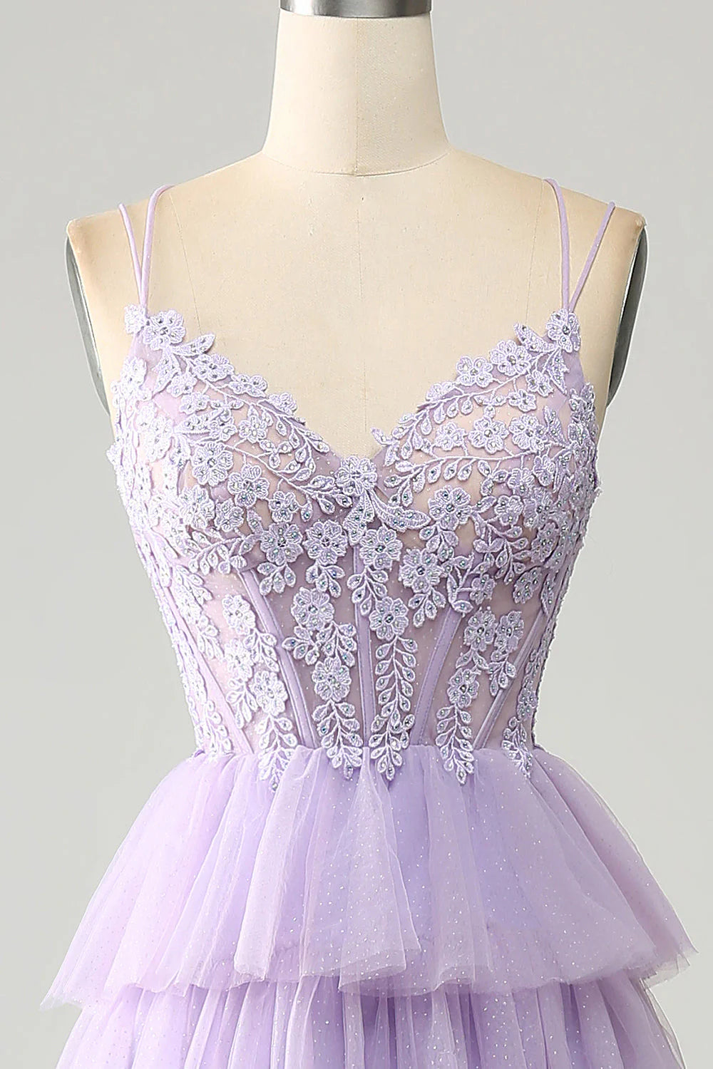 Amzcw Lilac Princess Spaghetti Straps Tiered Corset Tulle Prom Dress with Appliques prom dress store