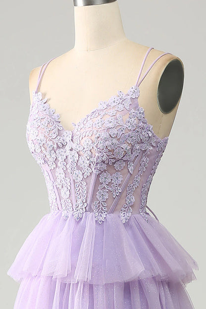 Amzcw Lilac Princess Spaghetti Straps Tiered Corset Tulle Prom Dress with Appliques prom dress store