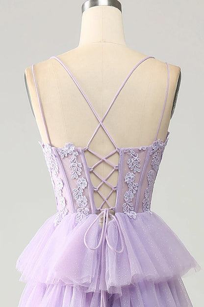 Amzcw Lilac Princess Spaghetti Straps Tiered Corset Tulle Prom Dress with Appliques prom dress store