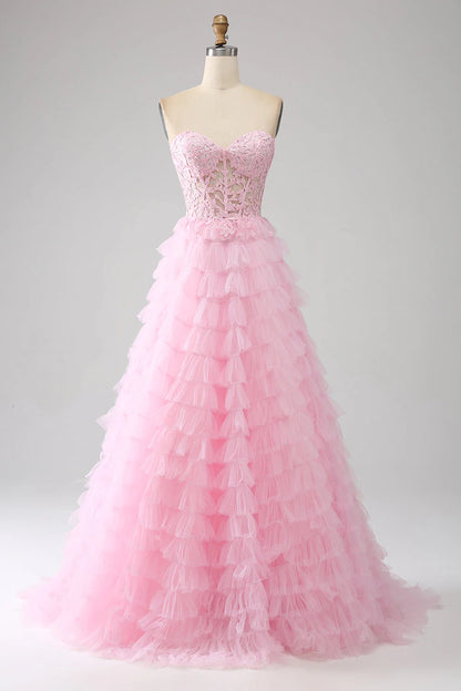 Amzcw Pink A-Line Strapless Tiered Corset Long Prom Dress