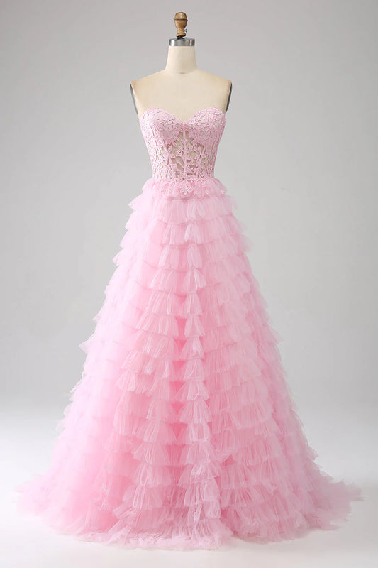Amzcw Pink A-Line Strapless Tiered Corset Long Prom Dress