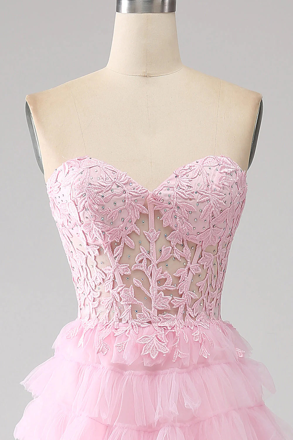 Amzcw Pink A-Line Strapless Tiered Corset Long Prom Dress