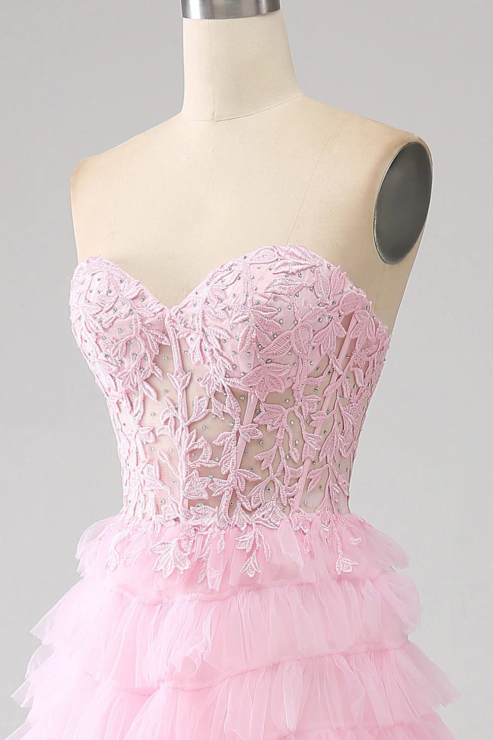 Amzcw Pink A-Line Strapless Tiered Corset Long Prom Dress