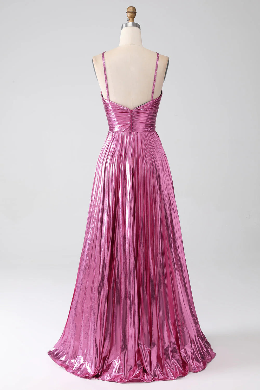 Amzcw Fuchsia A-Line Spaghetti Straps Pleated Sparkly Metallic Prom Dress with Slit