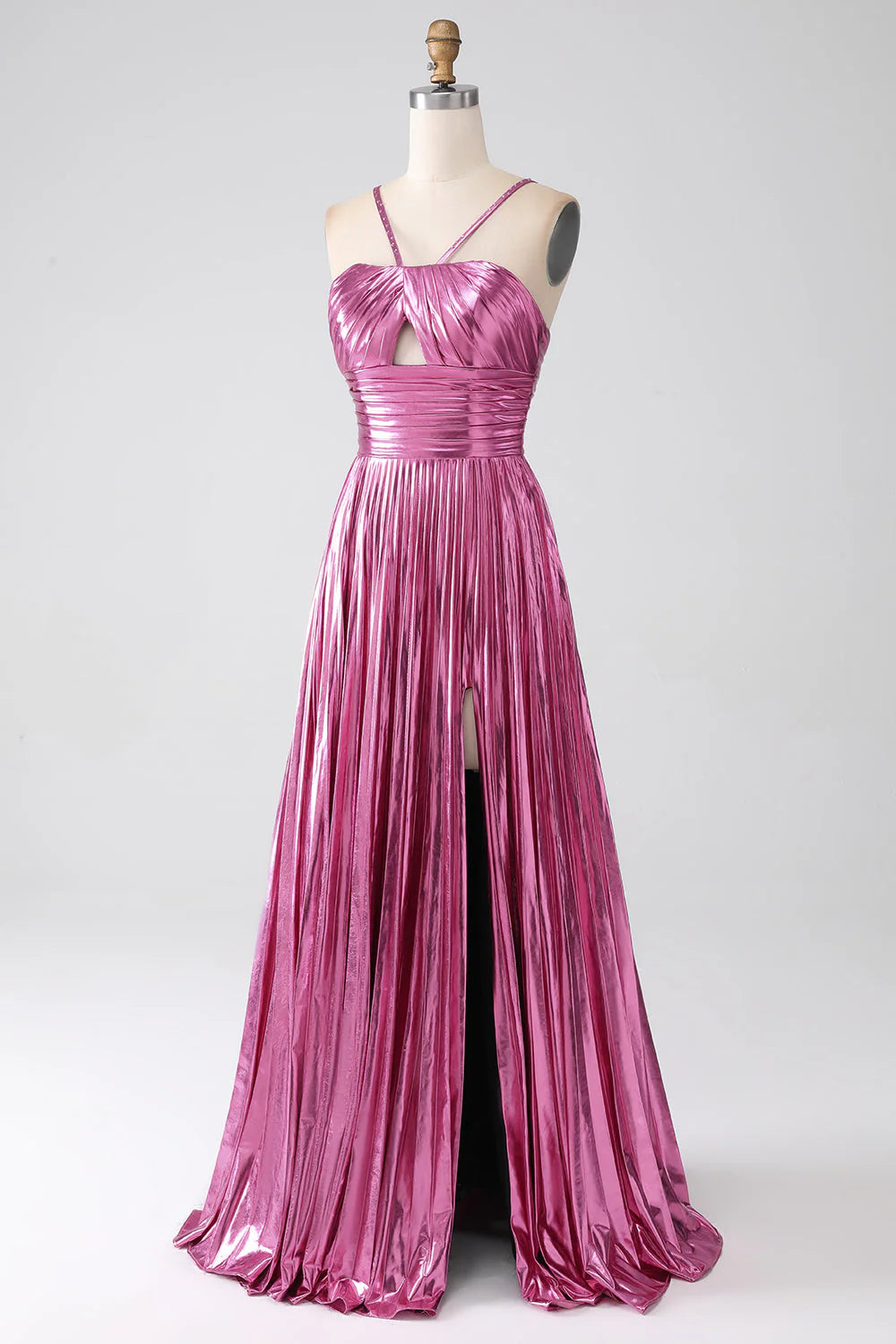 Amzcw Fuchsia A-Line Spaghetti Straps Pleated Sparkly Metallic Prom Dress with Slit