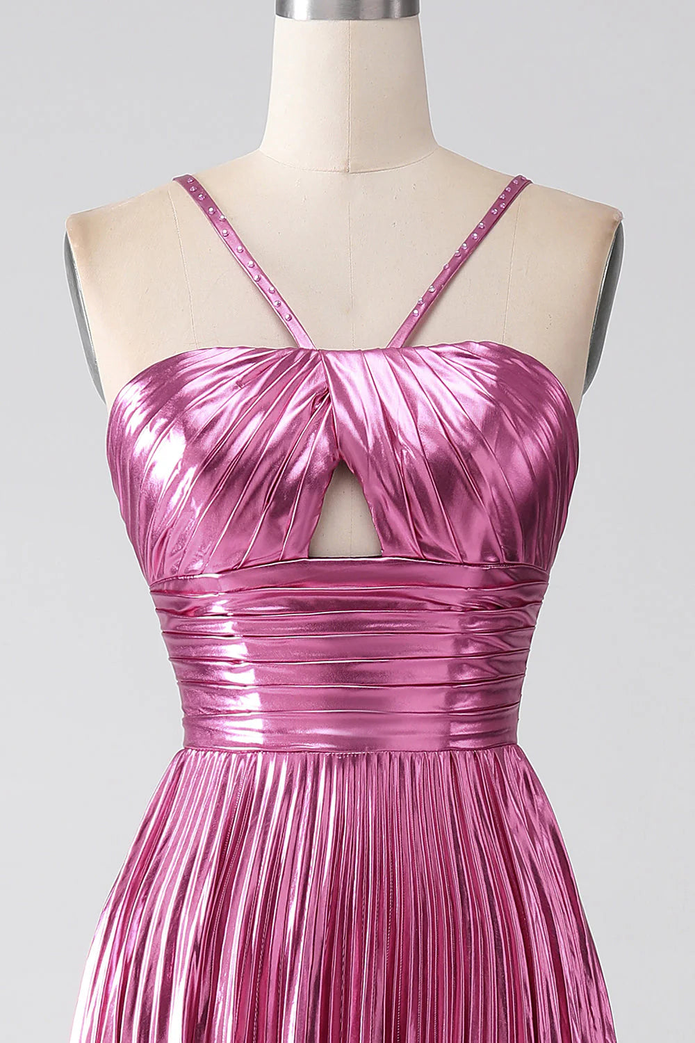 Amzcw Fuchsia A-Line Spaghetti Straps Pleated Sparkly Metallic Prom Dress with Slit