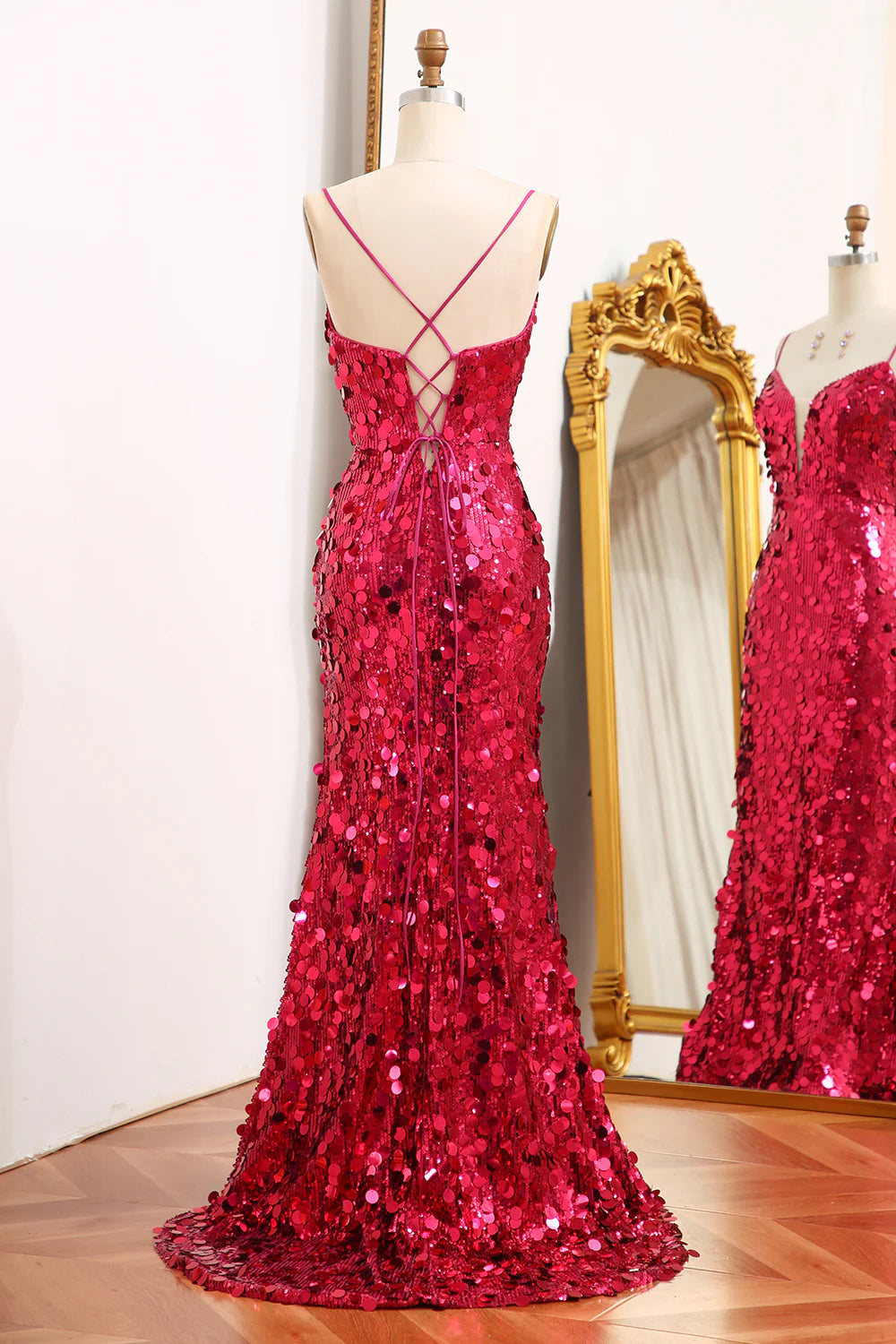 Amzcw Fuchsia Mermaid Sparkly Sequins Long Prom Dress With Slit