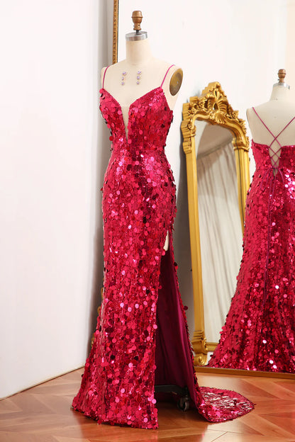 Amzcw Fuchsia Mermaid Sparkly Sequins Long Prom Dress With Slit