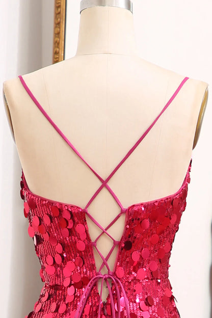 Amzcw Fuchsia Mermaid Sparkly Sequins Long Prom Dress With Slit