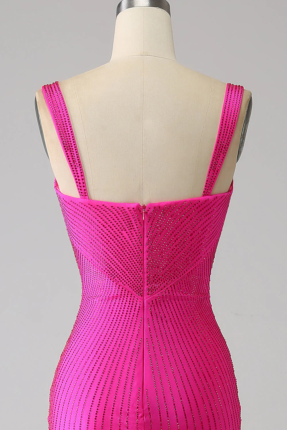 Amzcw Sparkly Hot Pink Mermaid Spaghetti Straps Hollow-Out Long Prom Dress prom dress with long sleeves