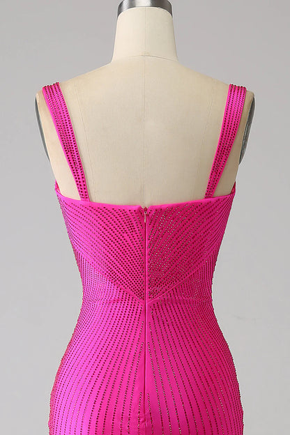 Amzcw Sparkly Hot Pink Mermaid Spaghetti Straps Hollow-Out Long Prom Dress prom dress with long sleeves