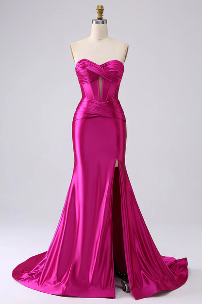Amzcw Sparkly Mermaid Sweetheart Corset Long Fuchsia Prom Dress with Slit