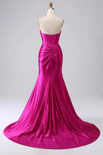 Amzcw Sparkly Mermaid Sweetheart Corset Long Fuchsia Prom Dress with Slit