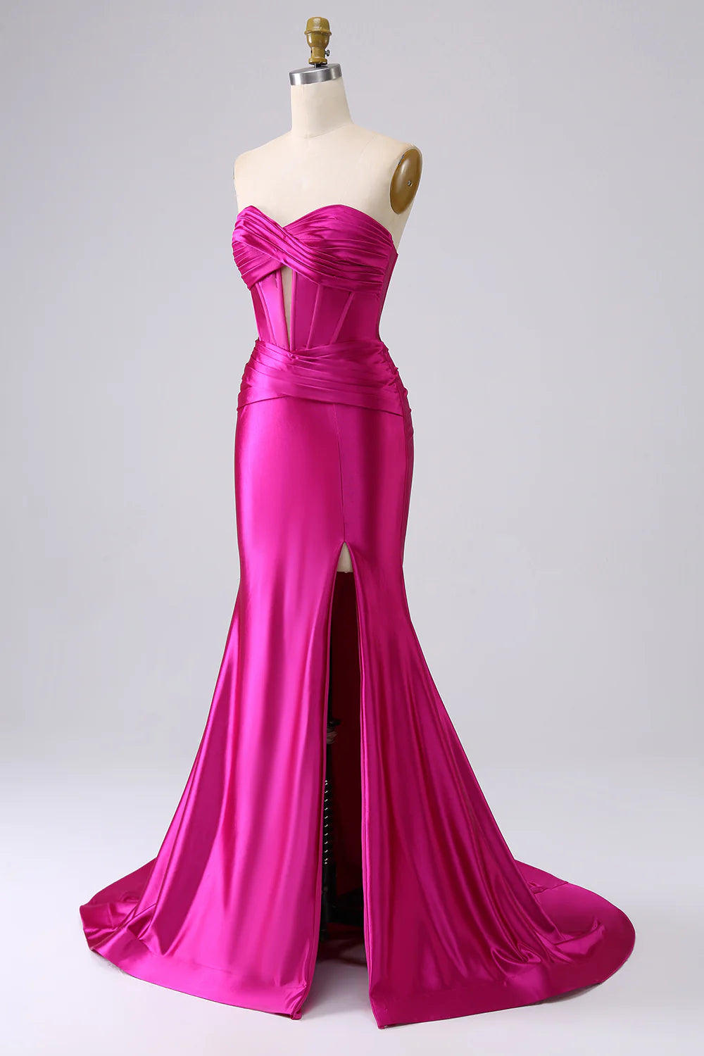 Amzcw Sparkly Mermaid Sweetheart Corset Long Fuchsia Prom Dress with Slit