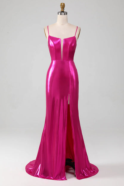 Amzcw Sparkly Hot Pink Mermaid Spaghetti Straps Simple Prom Dress With Slit prom dresses shops
