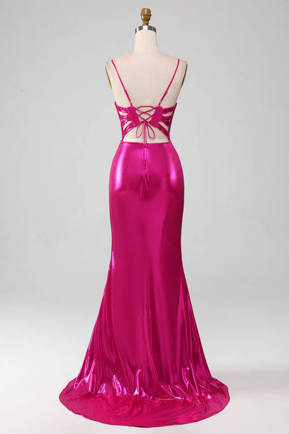 Amzcw Sparkly Hot Pink Mermaid Spaghetti Straps Simple Prom Dress With Slit prom dresses shops