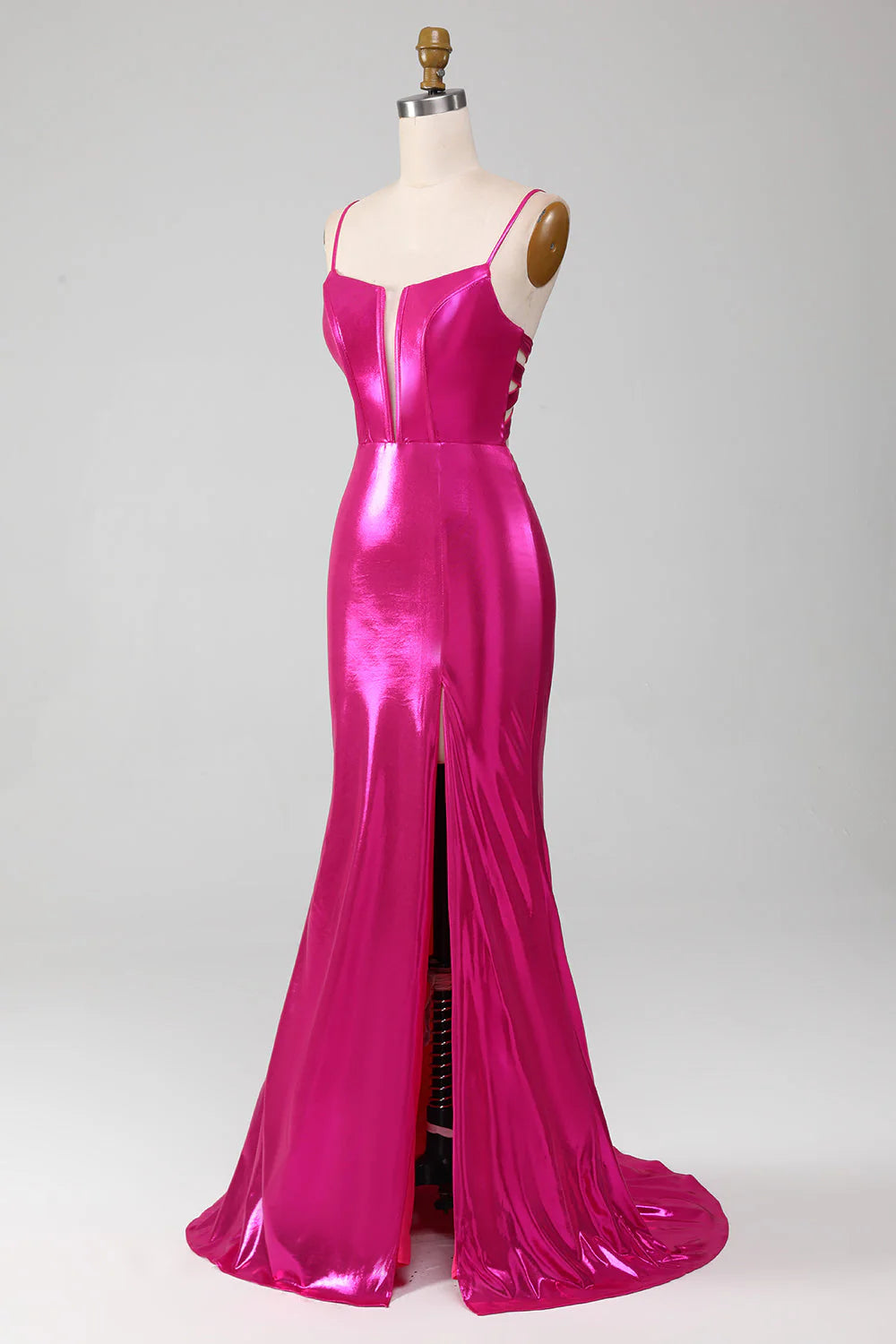 Amzcw Sparkly Hot Pink Mermaid Spaghetti Straps Simple Prom Dress With Slit prom dresses shops