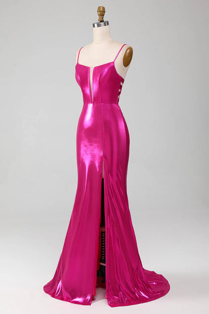 Amzcw Sparkly Hot Pink Mermaid Spaghetti Straps Simple Prom Dress With Slit prom dresses shops