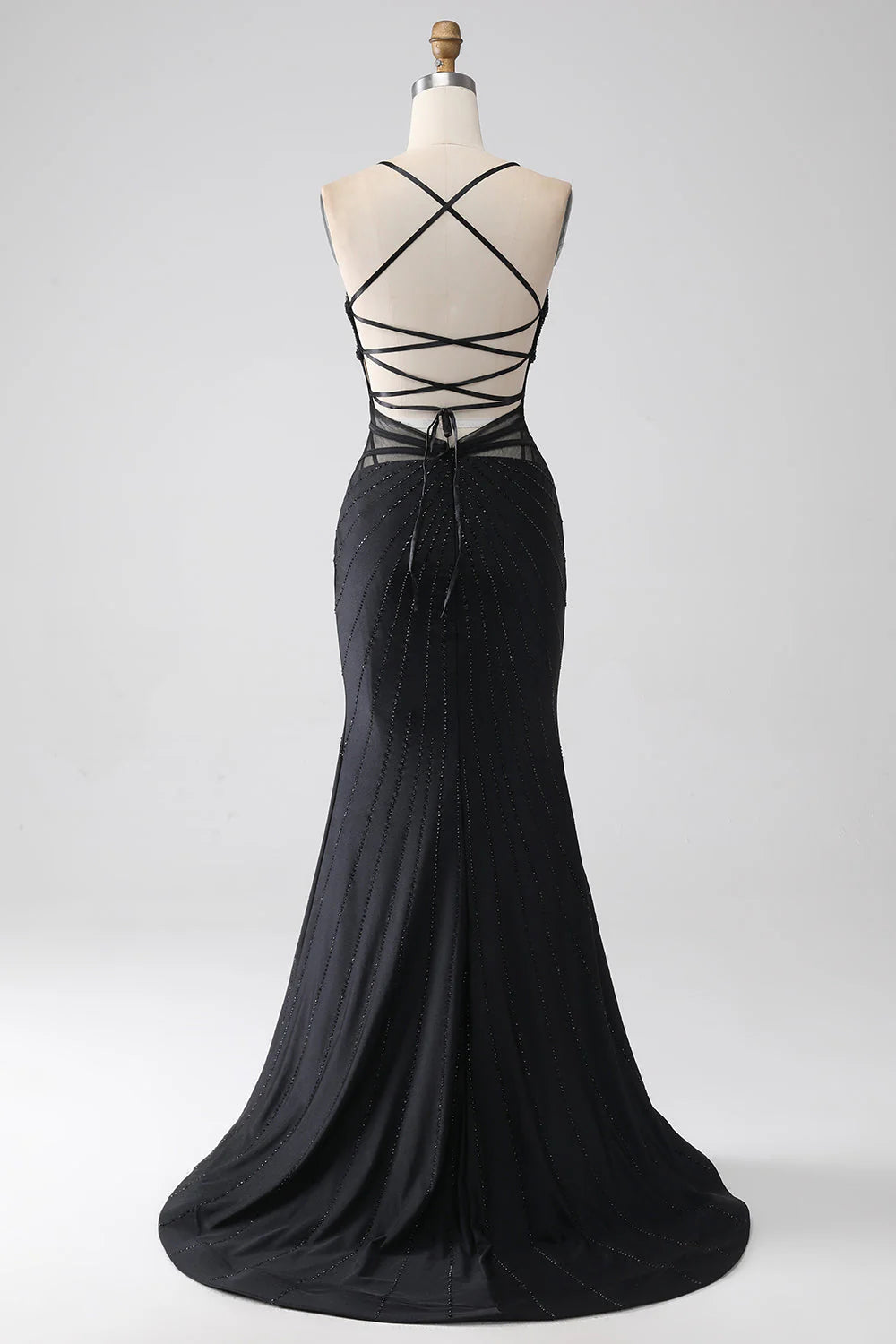 Amzcw Mermaid Black Spaghetti Straps Long Prom Dress with Slit
