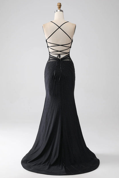 Amzcw Mermaid Black Spaghetti Straps Long Prom Dress with Slit