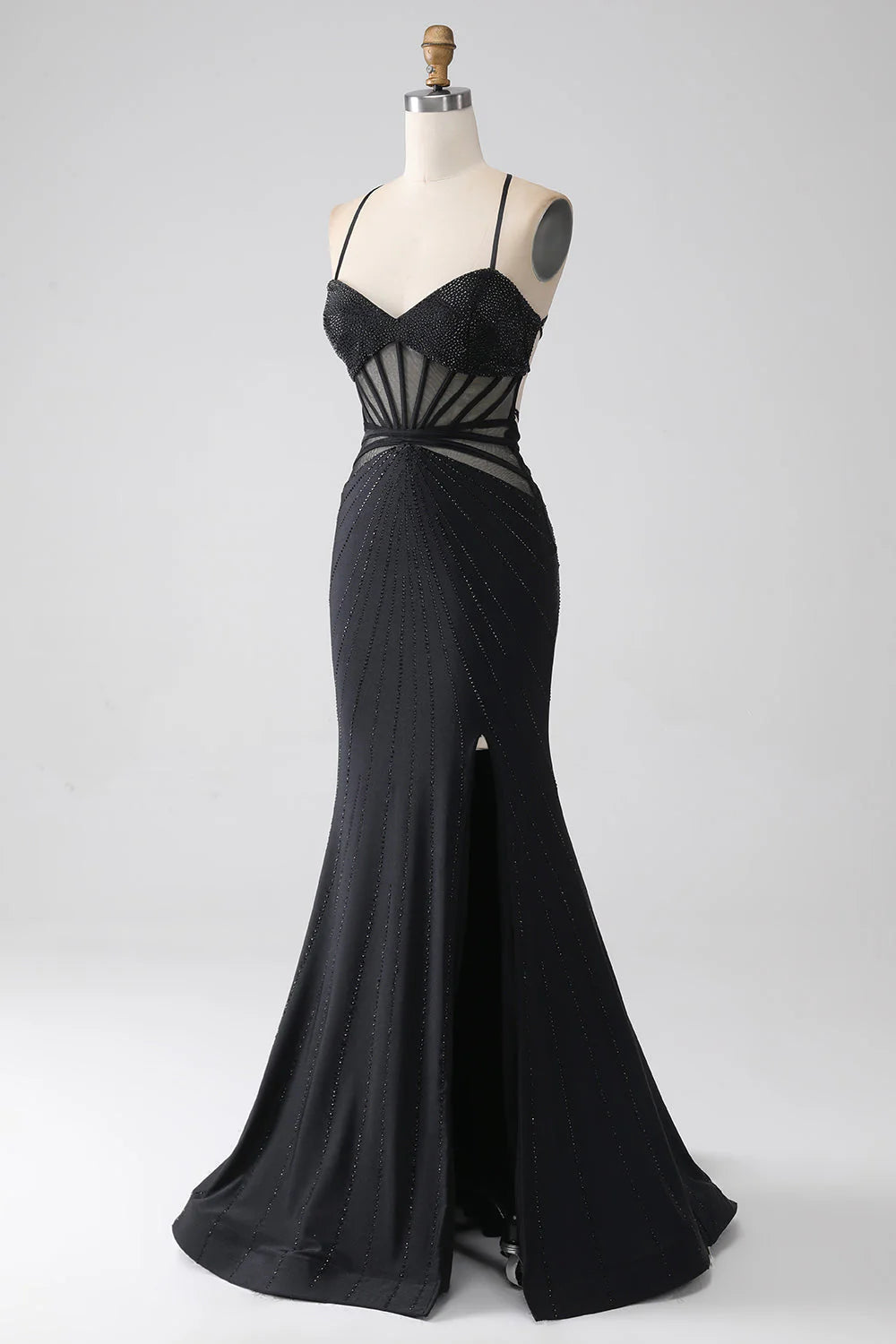 Amzcw Mermaid Black Spaghetti Straps Long Prom Dress with Slit