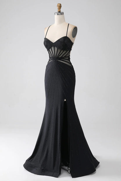 Amzcw Mermaid Black Spaghetti Straps Long Prom Dress with Slit