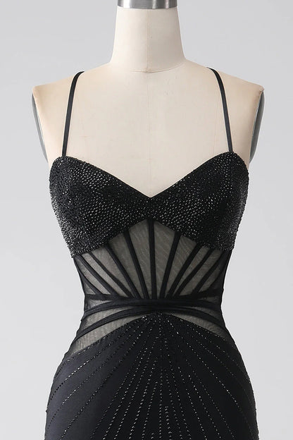 Amzcw Mermaid Black Spaghetti Straps Long Prom Dress with Slit