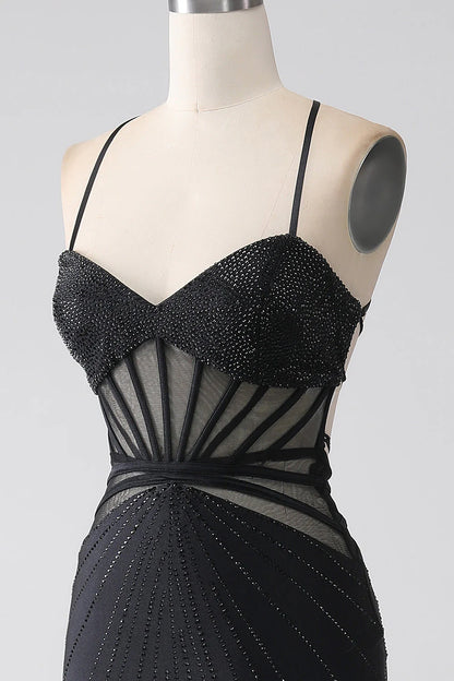 Amzcw Mermaid Black Spaghetti Straps Long Prom Dress with Slit