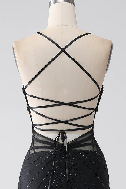 Amzcw Mermaid Black Spaghetti Straps Long Prom Dress with Slit