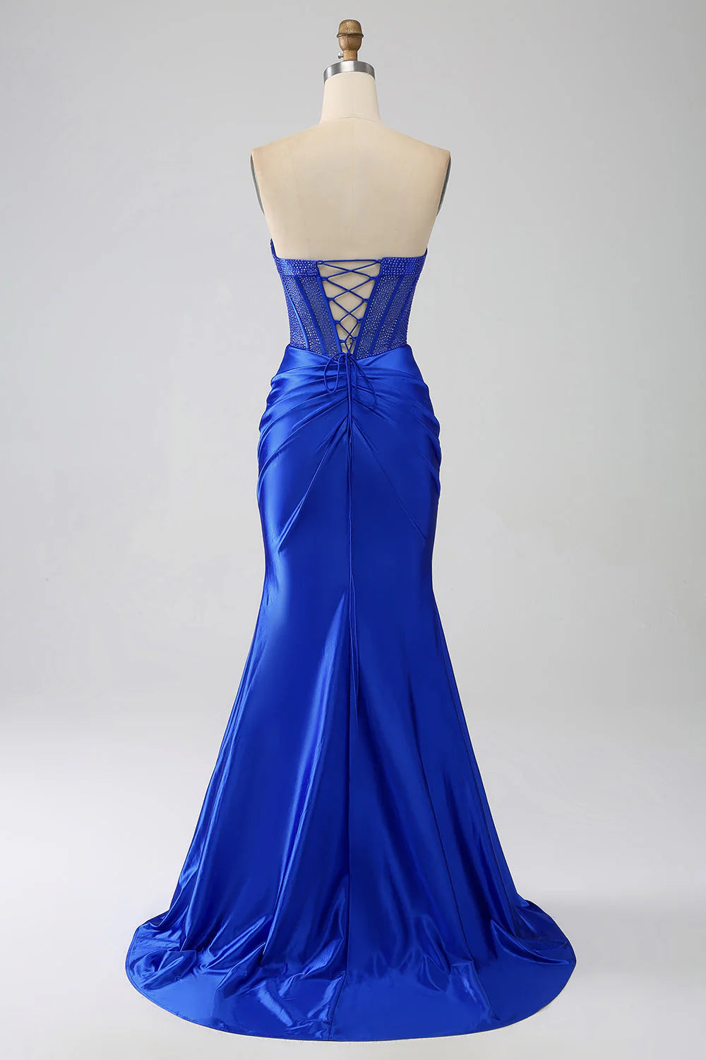 Amzcw Royal Blue Mermaid Strapless Corset Beaded Prom Dress with High Slit